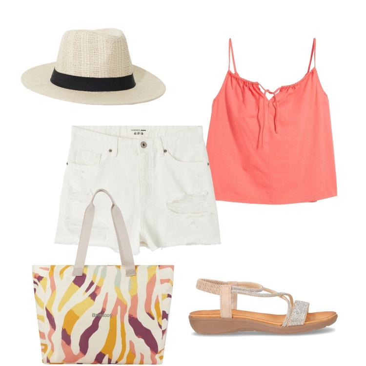 Outfit donna - Arancione vitaminico. Stile Casual chic per Mare. Abbinamento con top, shorts, cappelli, shopping bag, sandali in pelle.