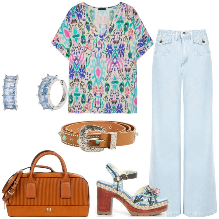 Outfit donna - Total look #2195198. Stile Casual per Tutti i giorni. Abbinamento con cinture, orecchini, jeans dritti, borse a mano, bluse, sandali col tacco.