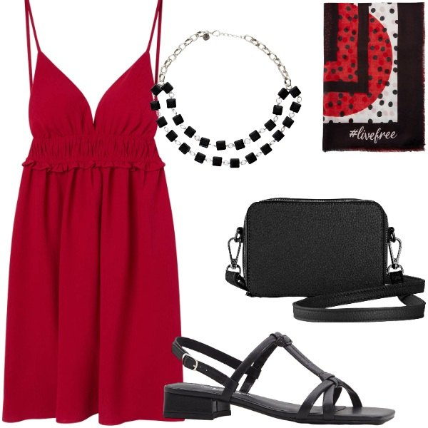Outfit donna - Serata tra amici. Stile Casual per Serata fuori. Abbinamento con borse a tracolla, sandali col tacco, vestiti corti, collane, foulard.