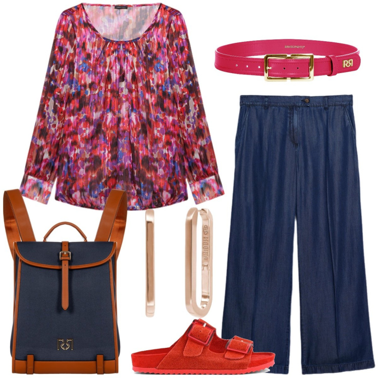 Outfit donna - Total look #2195200. Stile Casual per Tutti i giorni. Abbinamento con orecchini, zaini, cinture, bluse, jeans, sandali.