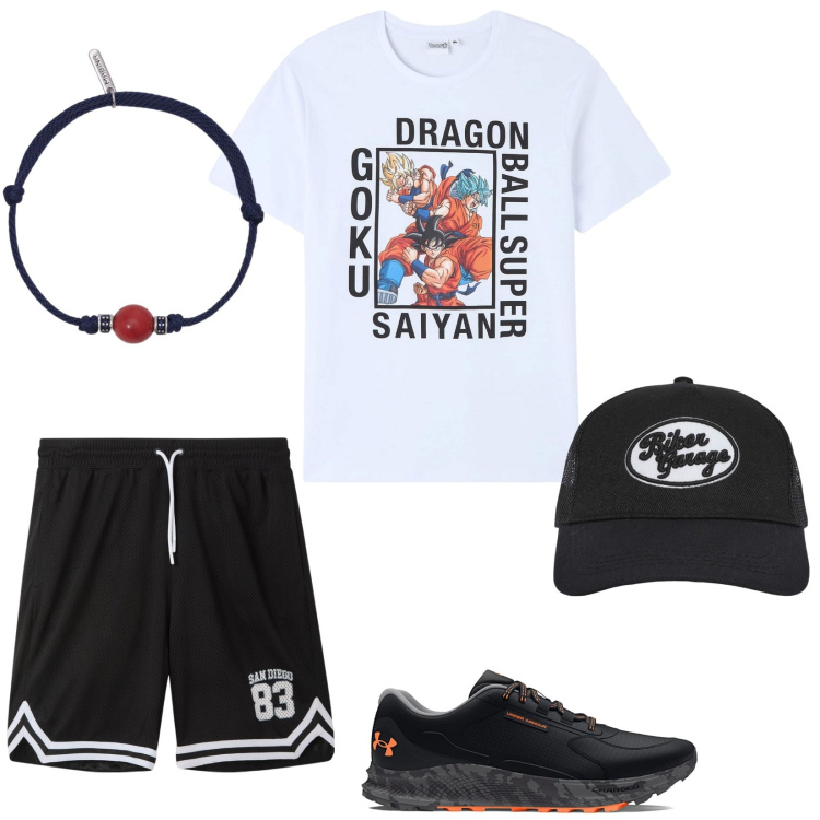 Outfit uomo - Super Saiyan by Terranova. Stile Urban per Tutti i giorni. Abbinamento con t-shirt, cappelli, pantaloncini sportivi, braccialetti, scarpe sportive.