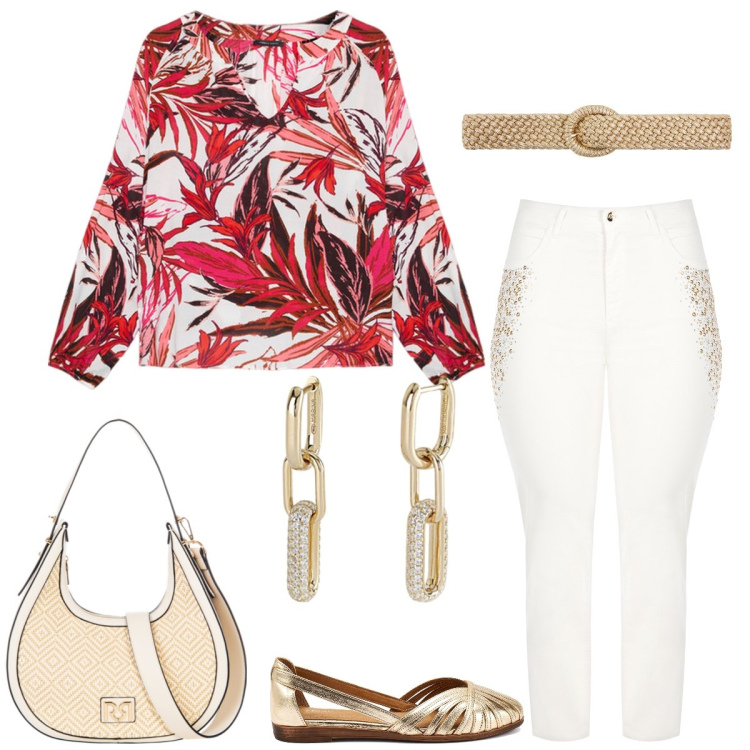 Outfit donna - Total look #2195205. Stile Casual chic per Tutti i giorni. Abbinamento con cinture, orecchini, jeans dritti, borse a mano, bluse, ballerine.