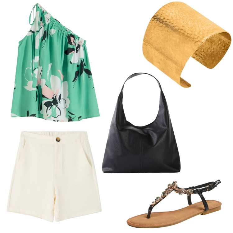 Outfit donna - Total look #2195209. Stile Casual per Ufficio. Abbinamento con shopping bag, top, bermuda, sandali gioiello, braccialetti.