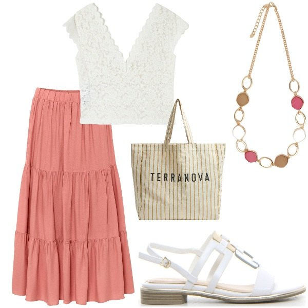 Outfit donna - Outifit di luglio. Stile Casual per Tutti i giorni. Abbinamento con gonne longuette, t-shirt, borse tote, collane, sandali.