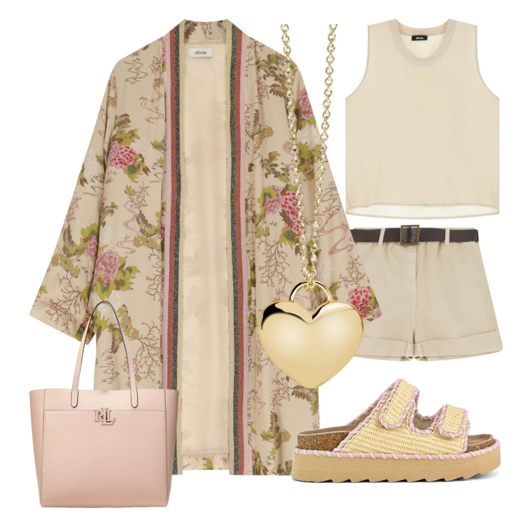 Outfit donna - Protagonista il beige!. Stile Trendy per Mare. Abbinamento con collane, shorts, top, trench, borse tote, sandali.