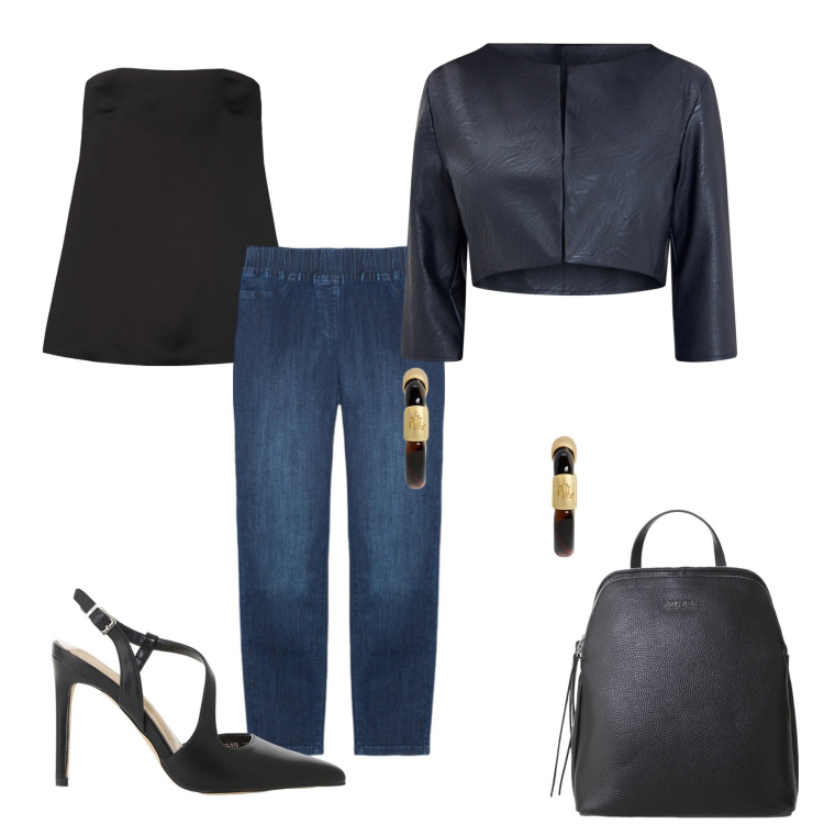 Outfit donna - Total look #2195220. Stile Casual chic per Serata fuori. Abbinamento con blazer, décolleté, zaini, orecchini, jeggings, top.