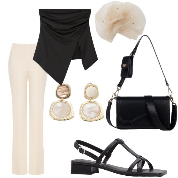 Outfit donna - A cena fuori. Stile Glamour per Serata fuori. Abbinamento con sandali col tacco, top, pochette, pantaloni a palazzo, foulard, orecchini.