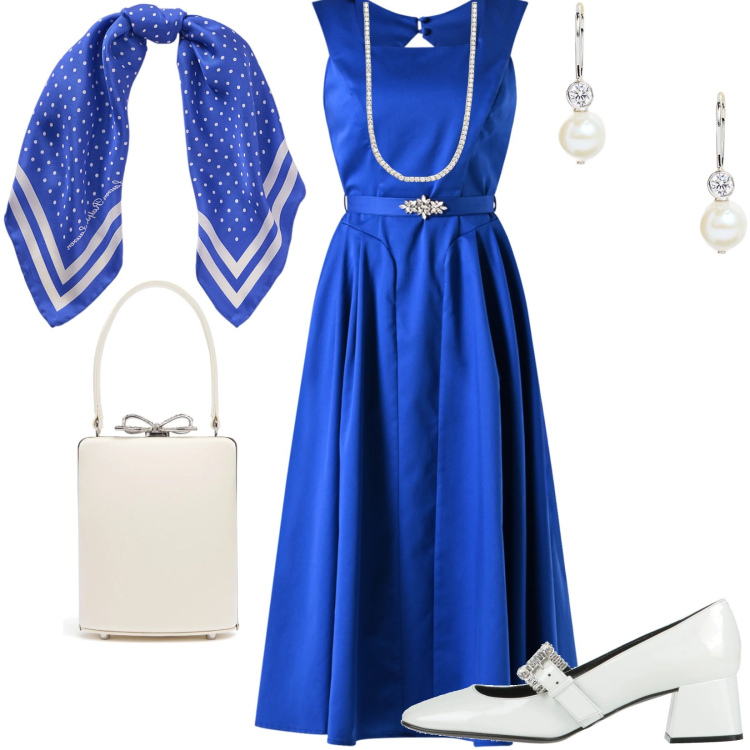 Outfit donna - Viva la mamma Total look anni 50. Stile Vintage retrò per Cerimonia. Abbinamento con décolleté, collane, vestiti midi/longuette, orecchini, foulard, borse a mano.