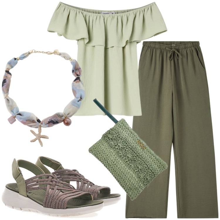 Outfit donna - Outfit green. Stile Casual per Tutti i giorni. Abbinamento con pantaloni, bluse, collane, sandali, pochette.
