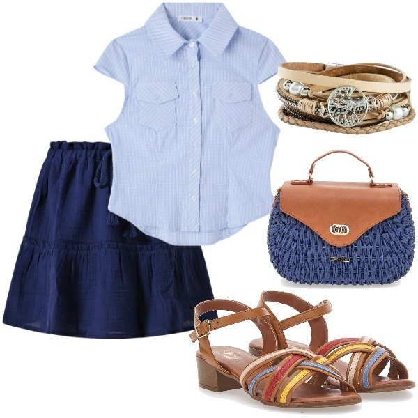 Outfit donna - Aperitivo veloce. Stile Casual per Tutti i giorni. Abbinamento con braccialetti, camicie a manica corta, gonne, sandali col tacco, borse a tracolla.