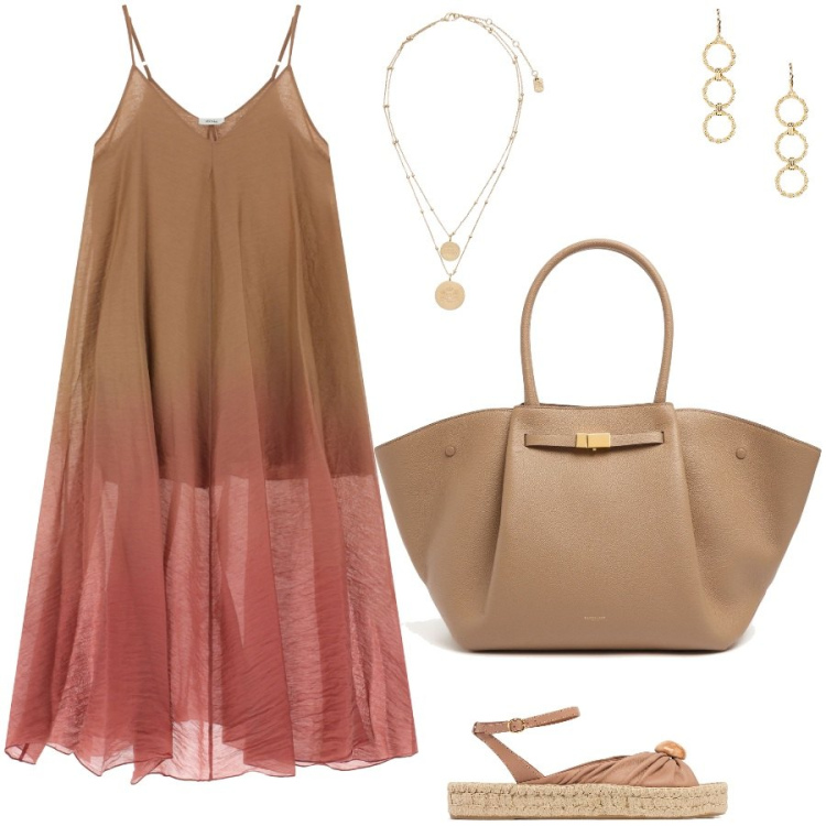 Outfit donna - I pomeriggi in vacanza. Stile Casual chic per Tutti i giorni. Abbinamento con vestiti lunghi, ciondoli, orecchini, espadrillas, shopping bag.