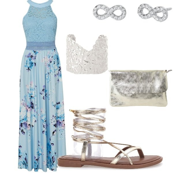 Outfit donna - Compleanno a sopresa. Stile Casual chic per Serata fuori. Abbinamento con vestiti lunghi, orecchini, braccialetti, borse a tracolla, sandali alla schiava.