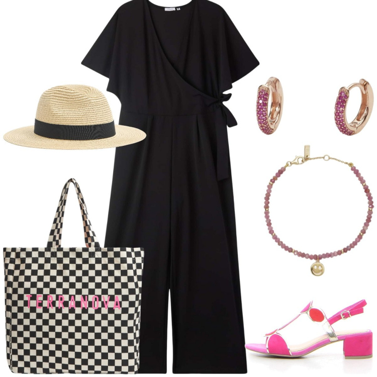 Outfit donna - Total look #2195234. Stile Casual per Tutti i giorni. Abbinamento con tute, cappelli, shopping bag, orecchini, braccialetti, sandali col tacco.