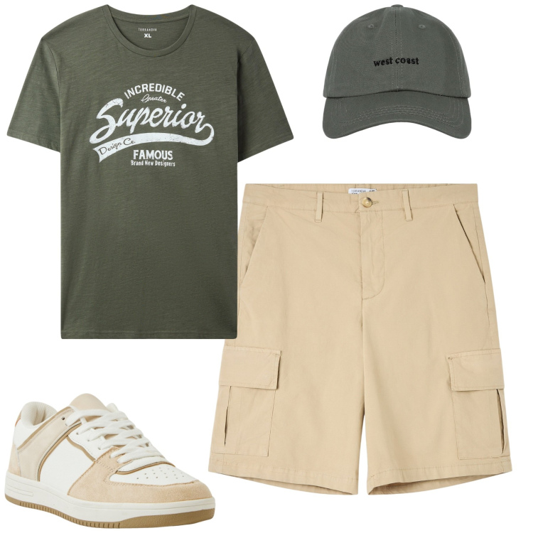 Outfit uomo - Luglio. Stile Casual per Tutti i giorni. Abbinamento con sneakers, bermuda, cappelli con visiera, t-shirt.
