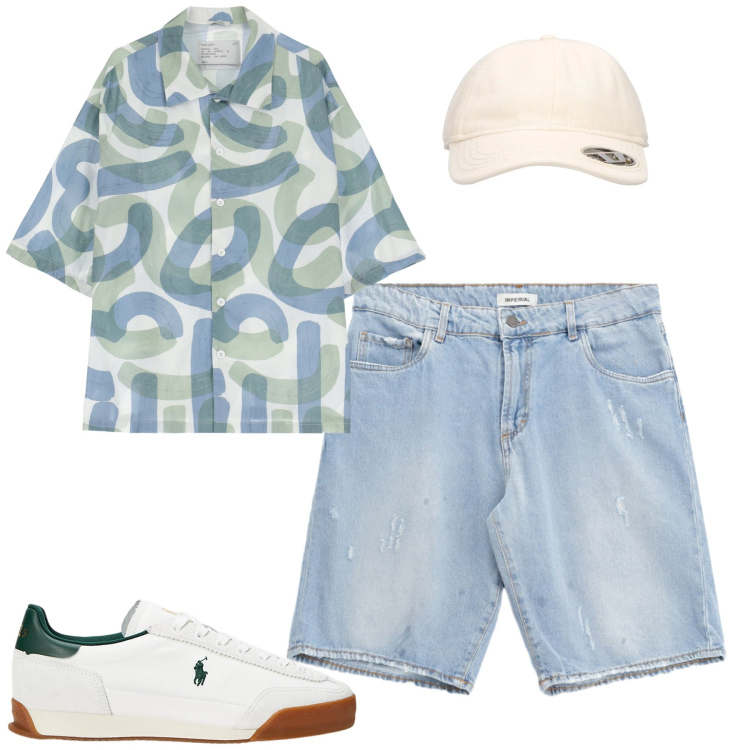 Outfit uomo - Total look #2195238. Stile Casual per Tutti i giorni. Abbinamento con camicie a manica corta, bermuda, sneakers, cappelli con visiera.