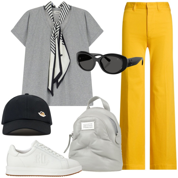 Outfit donna - Urban style. Stile Mannish per Tutti i giorni. Abbinamento con zaini, t-shirt, sneakers, occhiali da sole, pantaloni, cappelli con visiera.