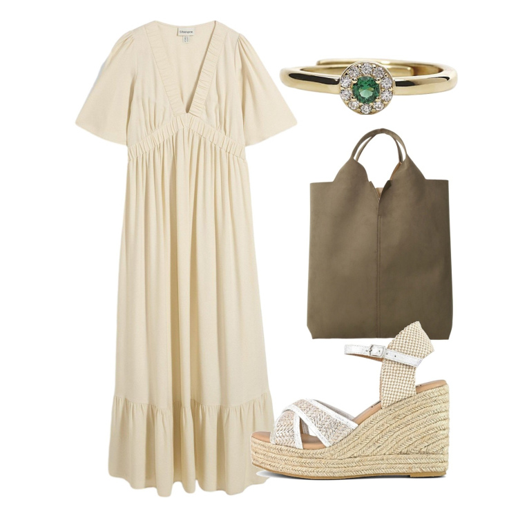 Outfit donna - Tonalità luminosa!. Stile Casual per Tutti i giorni. Abbinamento con vestiti lunghi, anelli, shopping bag, zeppe.