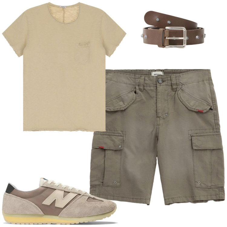 Outfit uomo - Luglio. Stile Casual per Tutti i giorni. Abbinamento con sneakers, bermuda, cinture, t-shirt.