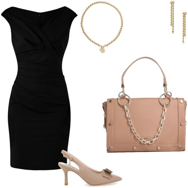 Outfit donna - Il tubino nero non può mancare. Stile Chic per Serata fuori. Abbinamento con borse a mano, vestiti a tubino, collane, orecchini, décolleté.