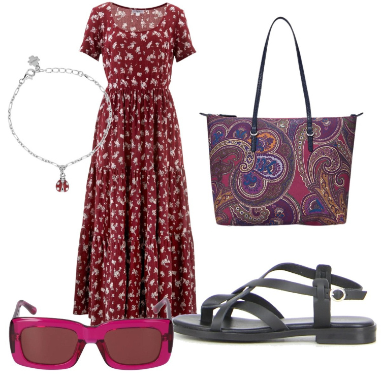 Outfit donna - Total look #2195251. Stile Boho per Mare. Abbinamento con vestiti lunghi, braccialetti con ciondoli, borse tote, sandali, occhiali da sole.