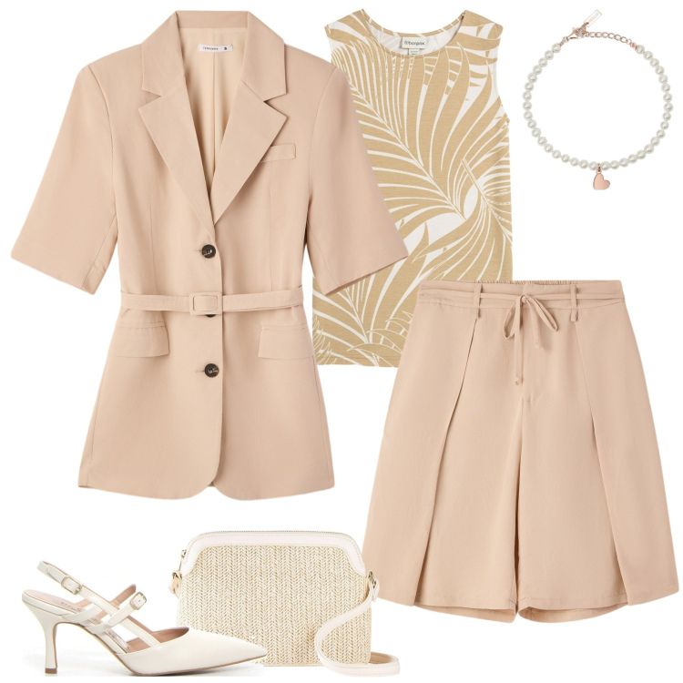 Outfit donna - Beige chiaro. Stile Chic per Cerimonia. Abbinamento con top, borse a tracolla, pantaloni corti, blazer, braccialetti, décolleté.
