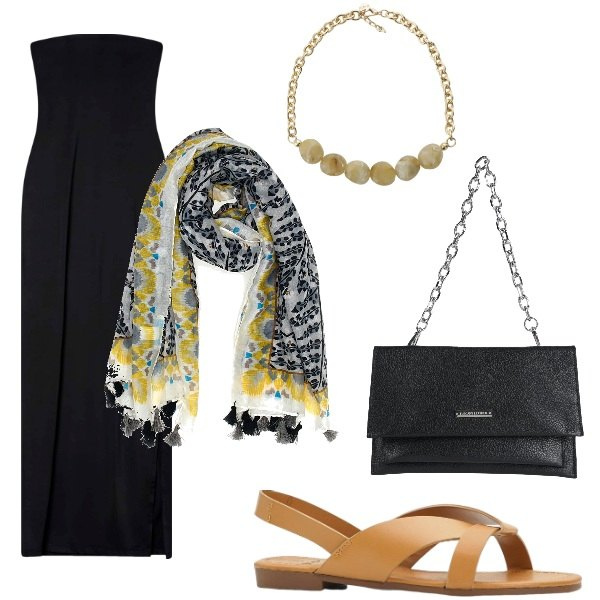 Outfit donna - A cena fuori. Stile Glamour per Serata fuori. Abbinamento con sandali, borse a mano, vestiti lunghi, collane, sciarpe.