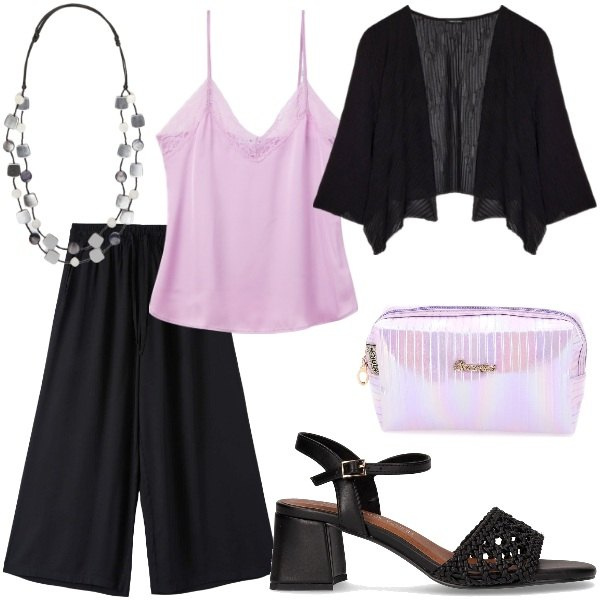 Outfit donna - A cena fuori. Stile Casual chic per Serata fuori. Abbinamento con pantaloni a palazzo, top, bolero, sandali col tacco, valigie, collane.