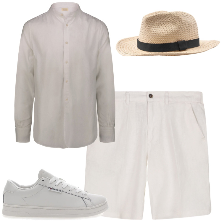 Outfit uomo - Total White. Stile Trendy per Tutti i giorni. Abbinamento con sneakers, cappelli, bermuda, camicie.