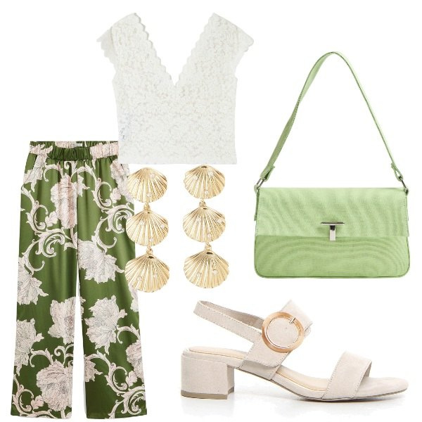 Outfit donna - Serata tra amici. Stile Casual chic per Serata fuori. Abbinamento con pantaloni a palazzo, t-shirt, orecchini, borse a spalla, sandali col tacco.