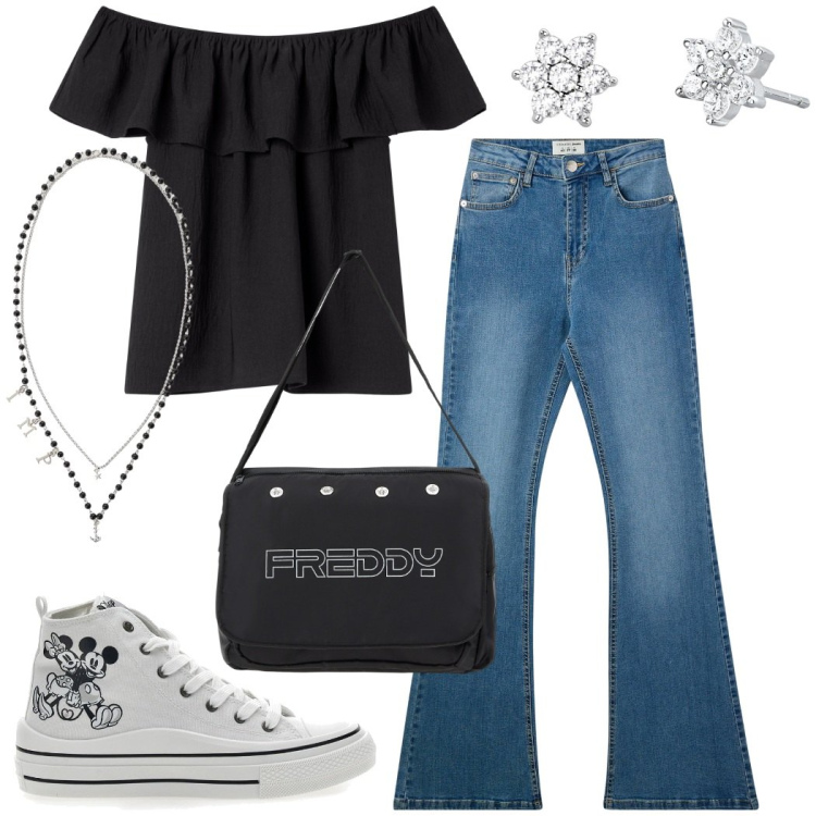 Outfit donna - Urban style. Stile Urban per Tutti i giorni. Abbinamento con bluse, jeans a zampa, orecchini, collane, borse messenger, sneakers.