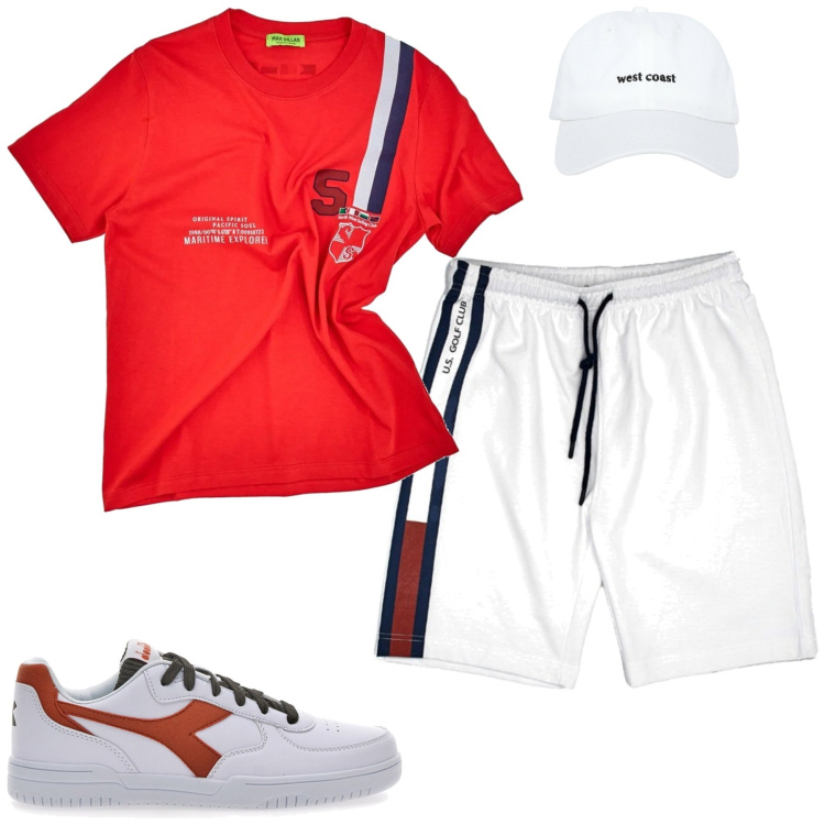 Outfit uomo - Total look #2195270. Stile Casual per Tutti i giorni. Abbinamento con cappelli, t-shirt, sneakers, pantaloni corti.