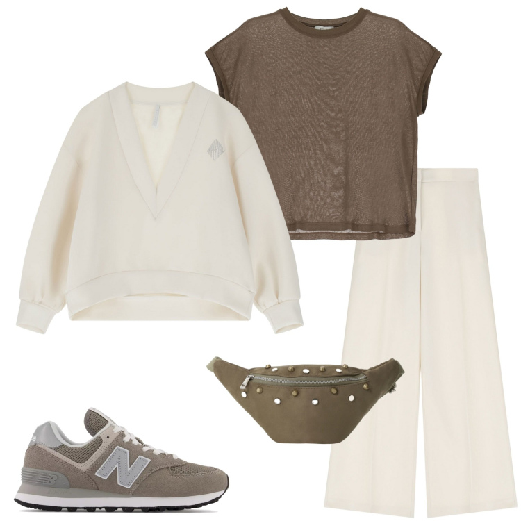 Outfit donna - Vacanza in montagna. Stile Casual chic per Tutti i giorni. Abbinamento con sneakers, pantaloni, maglieria, marsupi, t-shirt.