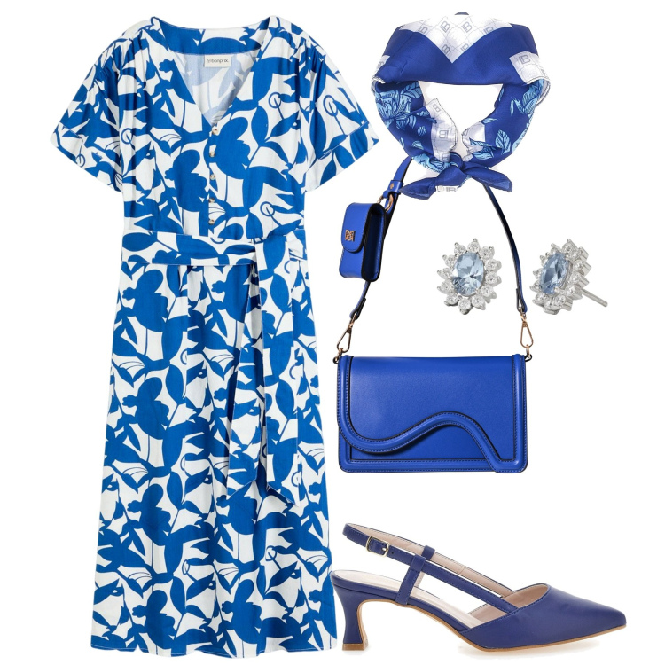 Outfit donna - City. Stile Urban per Tutti i giorni. Abbinamento con vestiti chemisier, orecchini, pochette, foulard, décolleté.