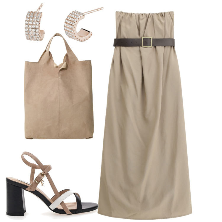Outfit donna - Luglio. Stile Urban per Tutti i giorni. Abbinamento con orecchini, vestiti lunghi, shopping bag, sandali col tacco.