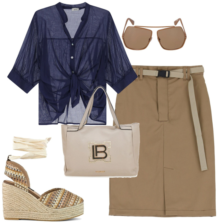 Outfit donna - Luglio. Stile Urban per Tutti i giorni. Abbinamento con gonne, camicie, borse a spalla, zeppe, occhiali da sole.