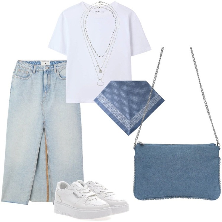 Outfit donna - Il foulard legato in vita. Stile Casual chic per Tutti i giorni. Abbinamento con collane, borse a tracolla, gonne lunghe, t-shirt, sneakers, foulard.