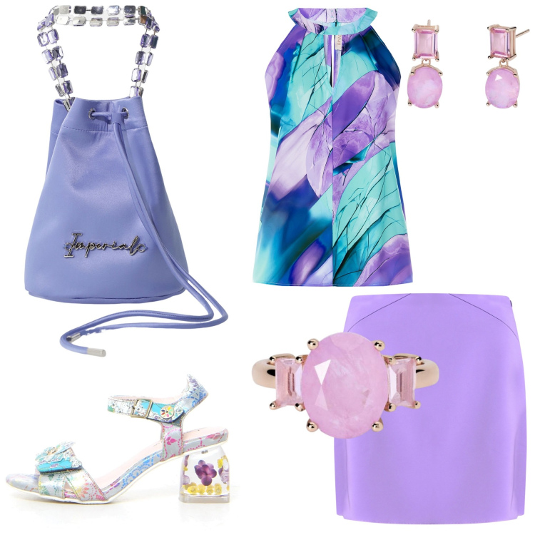 Outfit donna - Total look #2195292. Abbinamento con borse a secchiello, orecchini, anelli, top, minigonne, sandali col tacco.