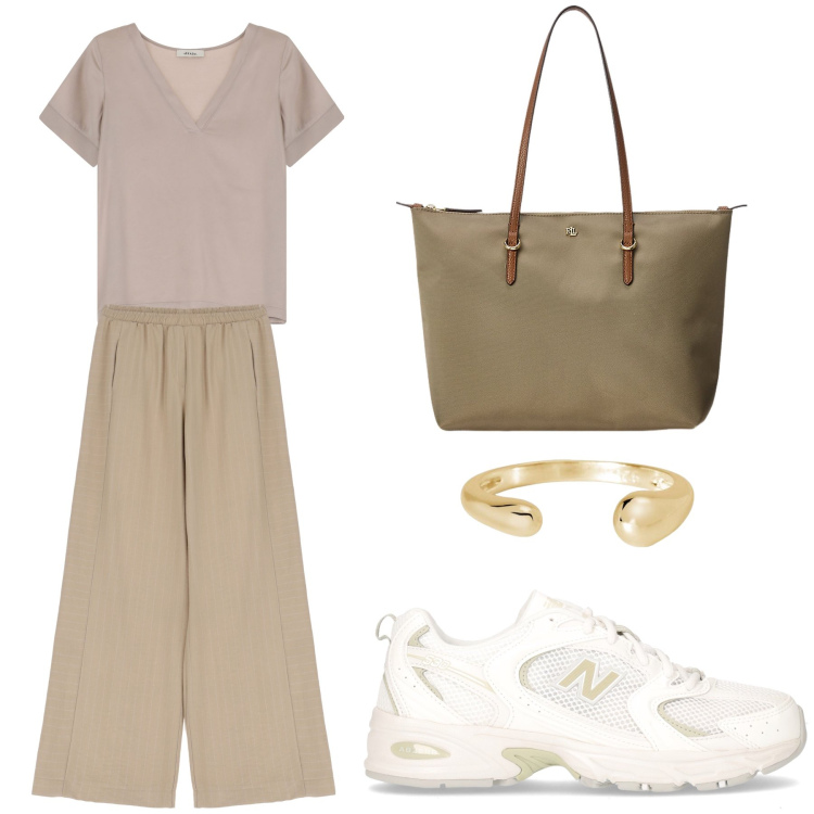 Outfit donna - Aperitivo. Stile Trendy per Tutti i giorni. Abbinamento con anelli, pantaloni, t-shirt, borse tote, sneakers.