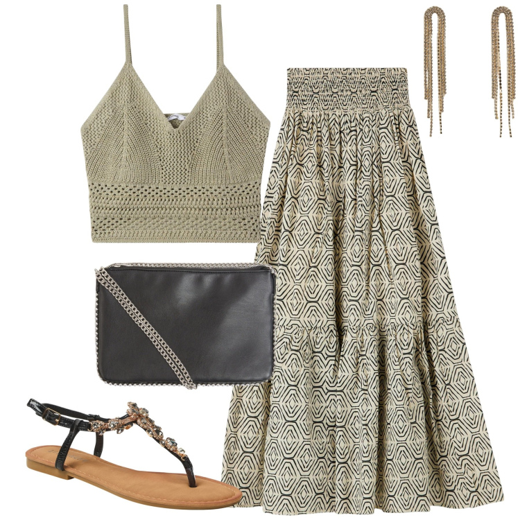 Outfit donna - Terranova. Stile Boho per Tutti i giorni. Abbinamento con gonne lunghe, borse a tracolla, top, orecchini, sandali gioiello.