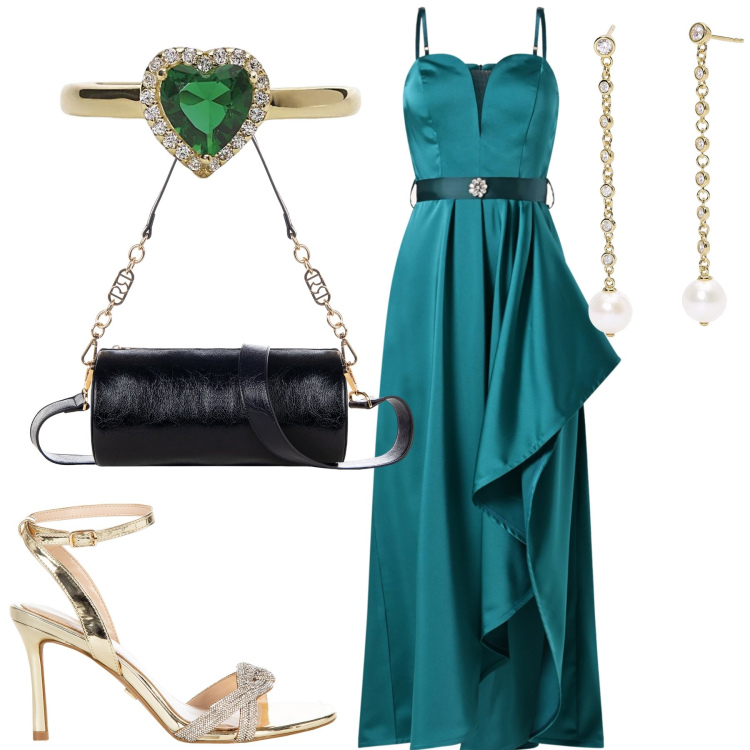 Outfit donna - Saldi rinascimento. Stile Glamour per Cerimonia. Abbinamento con borse a mano, vestiti lunghi, sandali col tacco, anelli, orecchini.