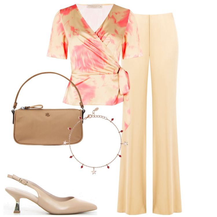 Outfit donna - Beige e rosa. Stile Chic per Serata fuori. Abbinamento con braccialetti con ciondoli, pantaloni, bluse, pochette, décolleté.