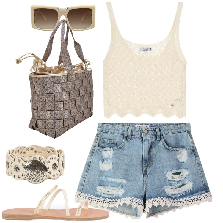 Outfit donna - Denim e pizzo. Stile Casual chic per Tutti i giorni. Abbinamento con sandali in pelle, occhiali da sole, cinture, shorts, top, borse a spalla.