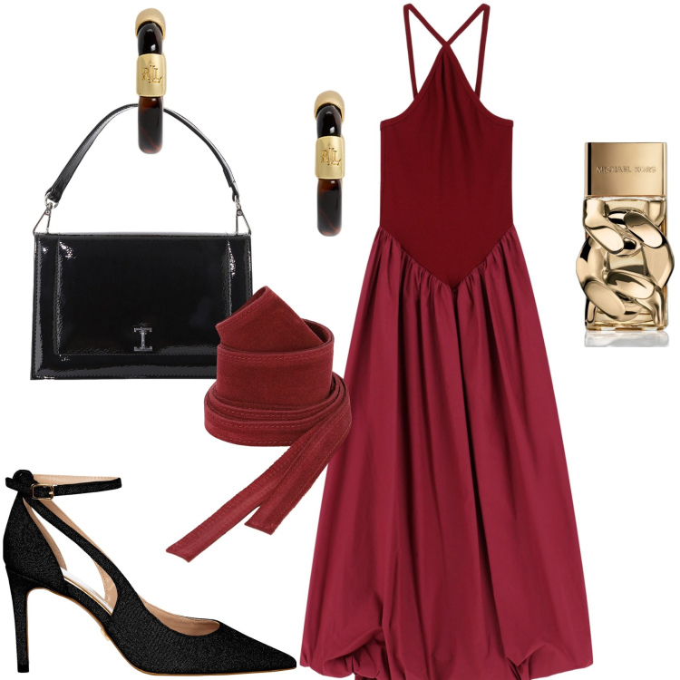 Outfit donna - Rosso glam. Stile Glamour per Serata fuori. Abbinamento con profumi, décolleté, borse a tracolla, vestiti lunghi, cinture, orecchini.