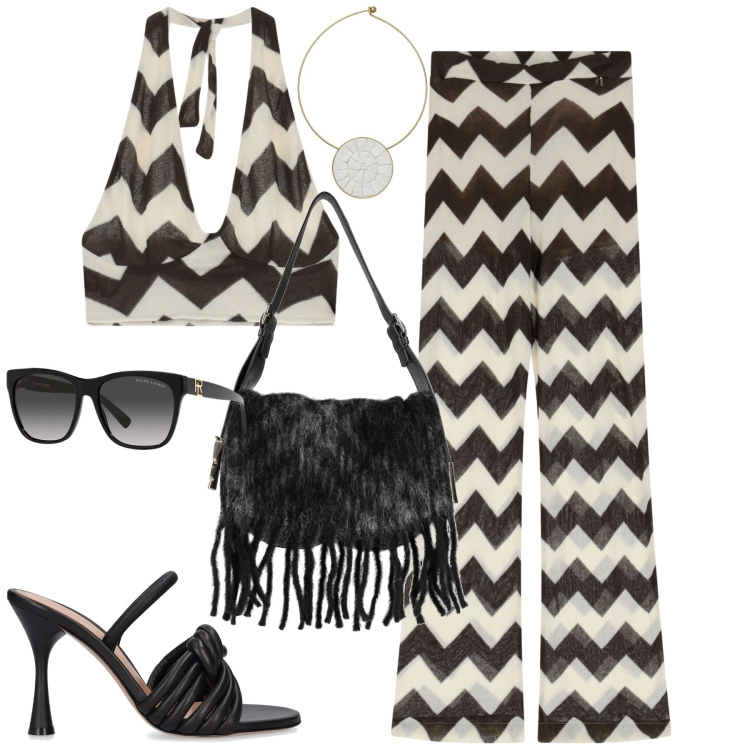 Outfit donna - Al mare. Stile 70s per Mare. Abbinamento con collane, borse a spalla, pantaloni, top, occhiali da sole, sandali in pelle.