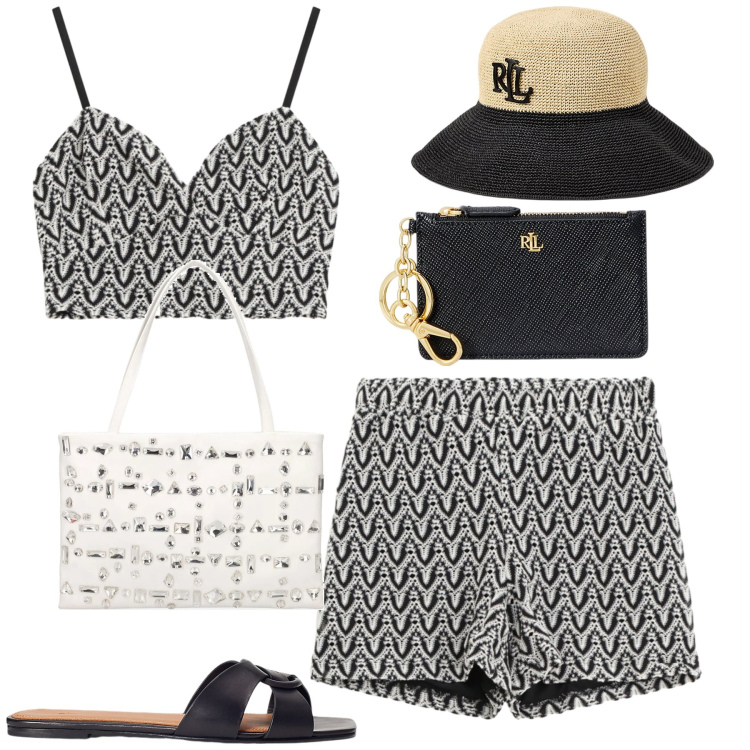 Outfit donna - Al mare. Stile Casual chic per Mare. Abbinamento con top, shorts, portafogli, cappelli, ciabatte, borse a spalla.