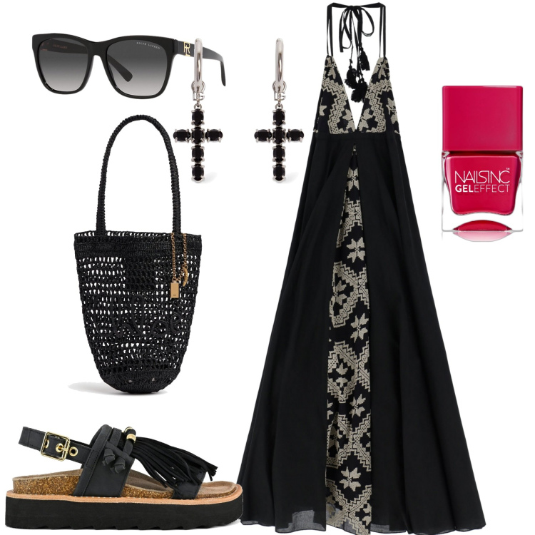 Outfit donna - Serata. Stile Glamour per Serata fuori. Abbinamento con smalti, vestiti lunghi, occhiali da sole, sandali, borse a spalla, orecchini.