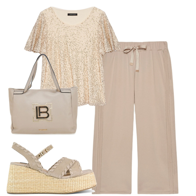 Outfit donna - Fiorella Rubino. Stile Casual chic per Tutti i giorni. Abbinamento con t-shirt, pantaloni, zeppe, borse a spalla.