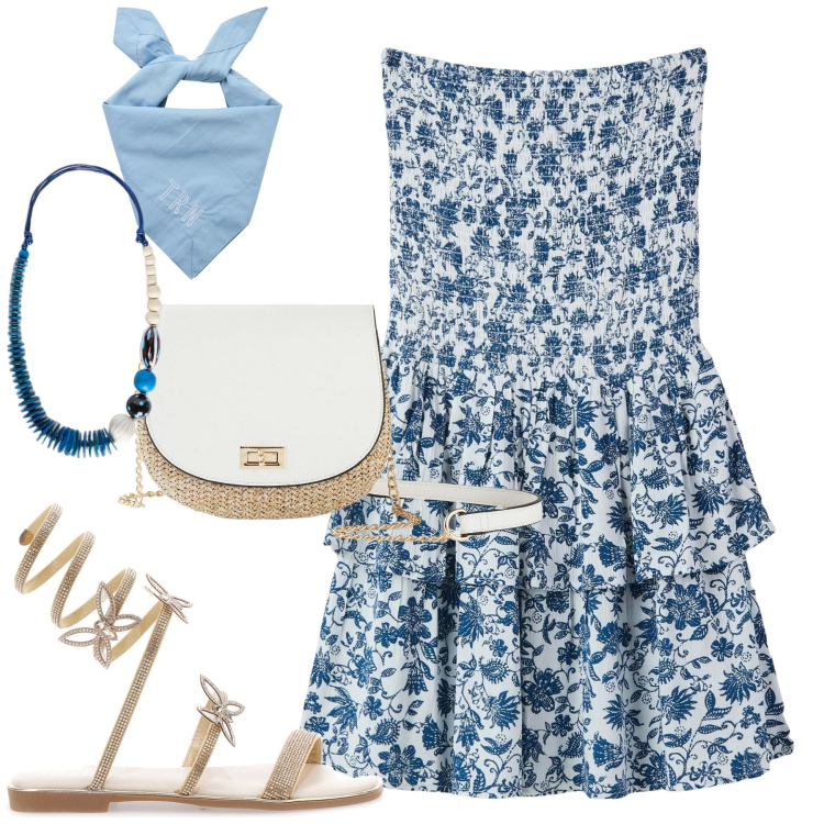 Outfit donna - Summertime. Stile Casual per Tutti i giorni. Abbinamento con borse a tracolla, vestiti corti, foulard, sandali, collane.