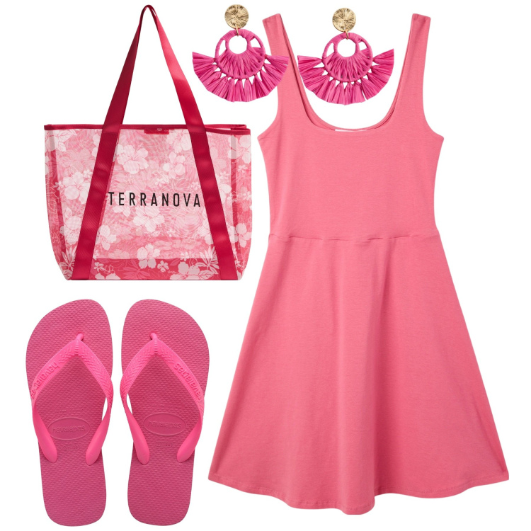 Outfit donna - Summertime. Stile Casual per Mare. Abbinamento con orecchini, shopping bag, vestiti corti, ciabatte.