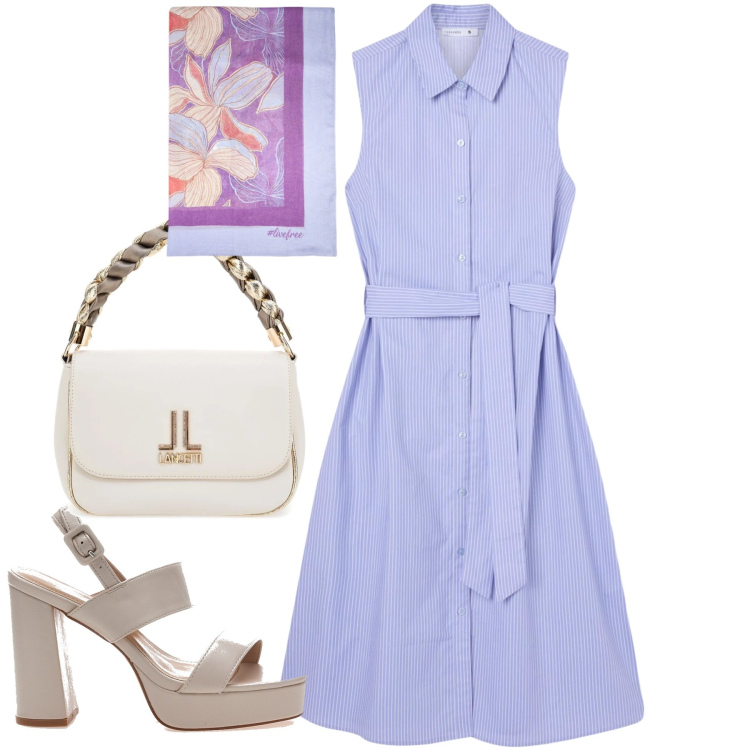 Outfit donna - Chemisier. Stile Urban per Tutti i giorni. Abbinamento con vestiti chemisier, sandali col tacco, borse a tracolla, stole.